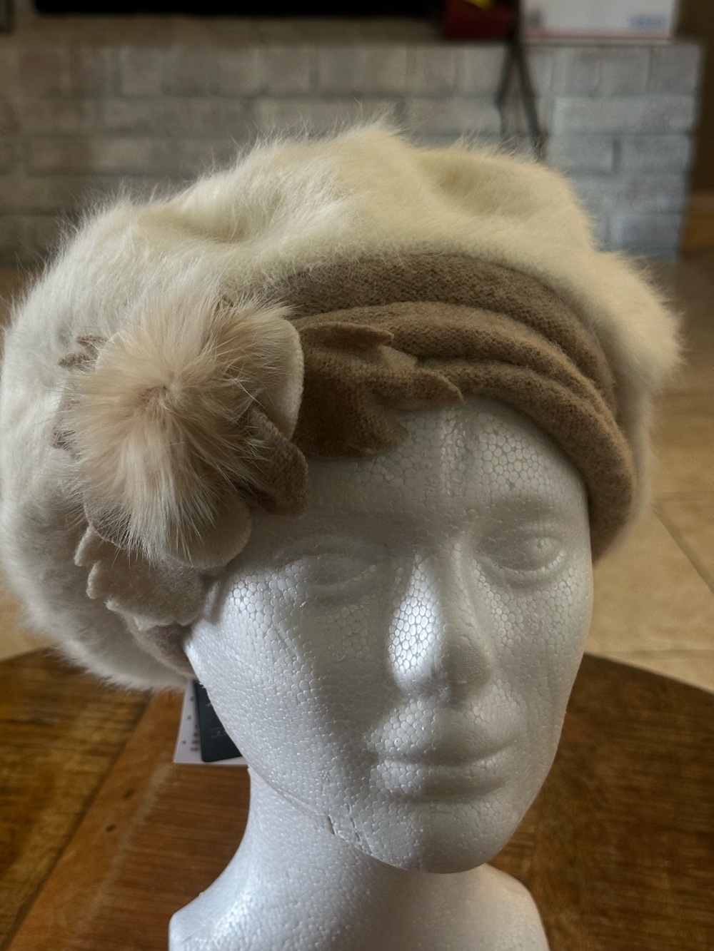 NWT Forbusite Tan Or Black Angora/ Wool Beret Winter Hat With Fur Flower O/S